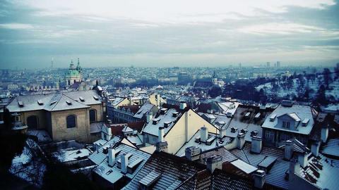 Snow-covered rooftops of an old town
