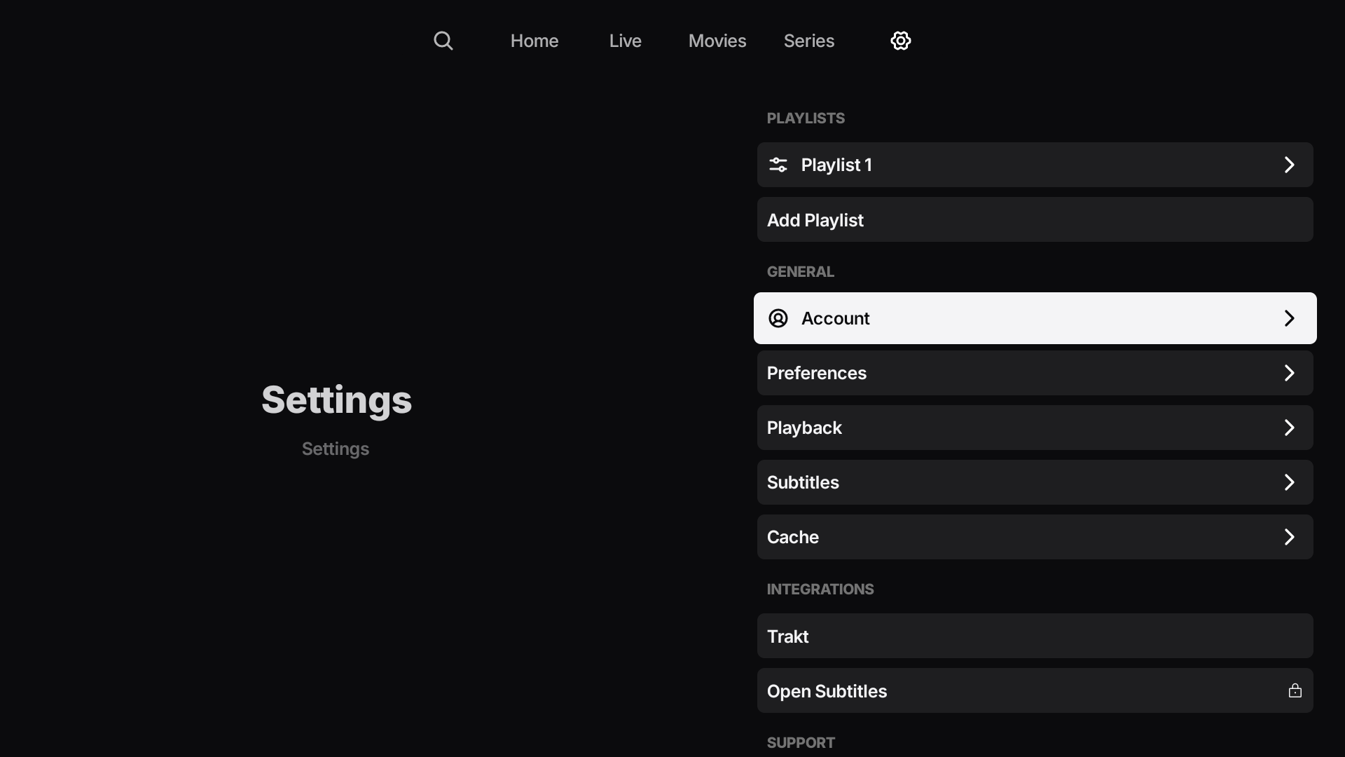 Kleva TV settings and playlist management screen